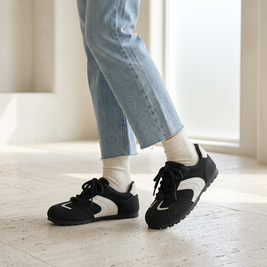 Black sneakers wearing shot