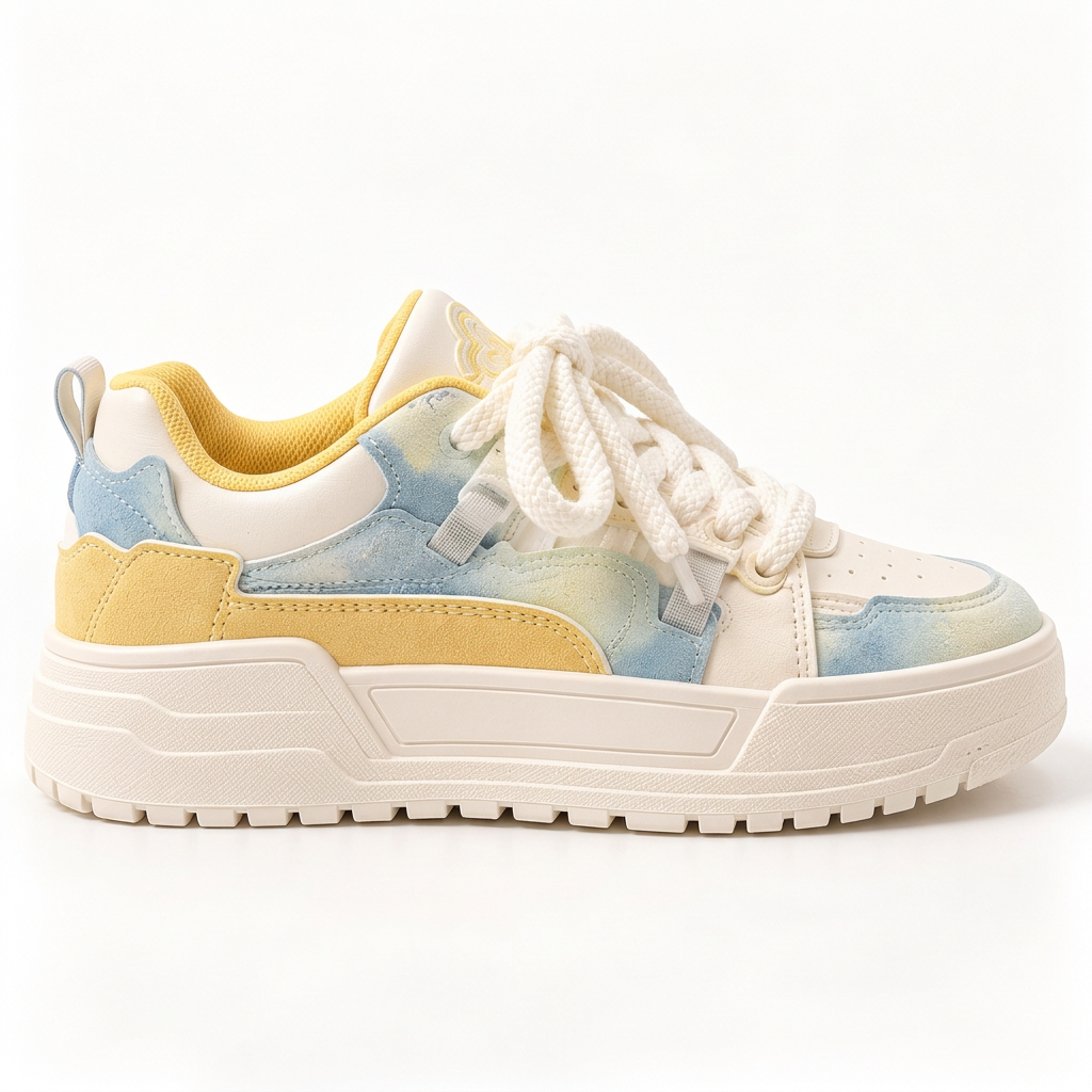 Blue and yellow platform sneaker, clean side profile