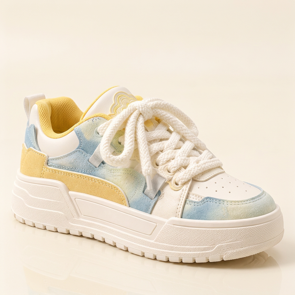 Blue and yellow platform sneaker, three-quarter studio view