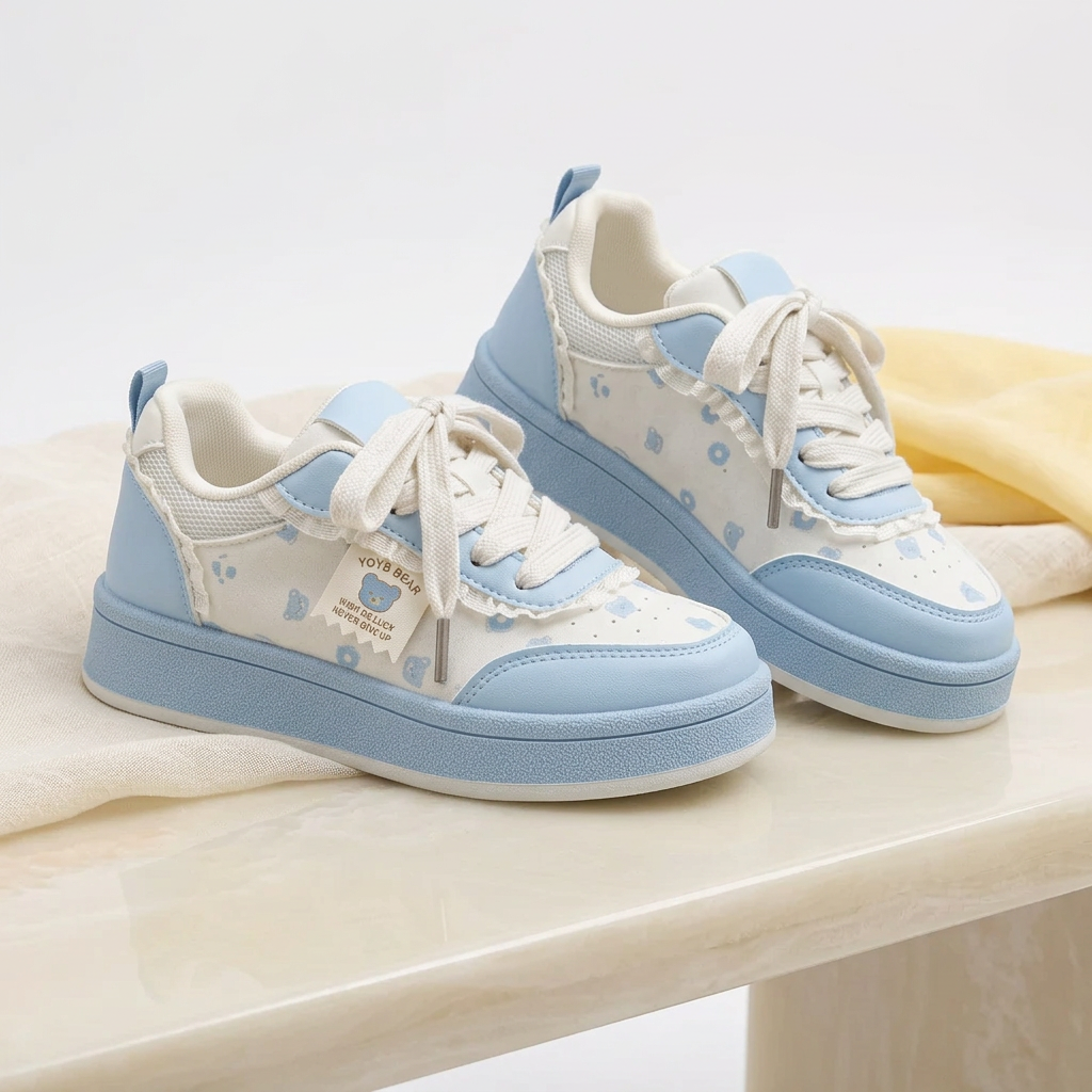 Blue bear sneakers editorial setting
