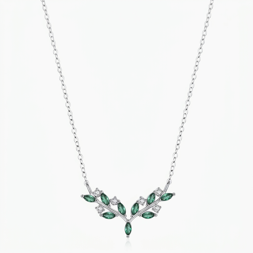 Clean green olive branch necklace display