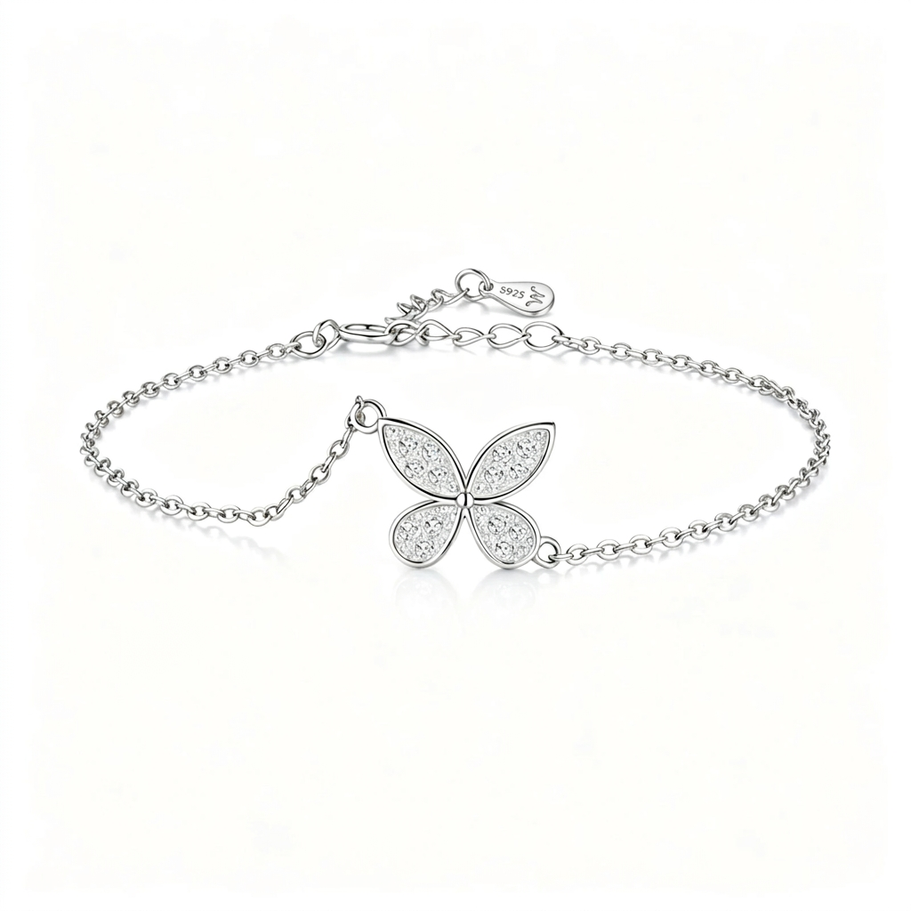 Clean silver butterfly bracelet display