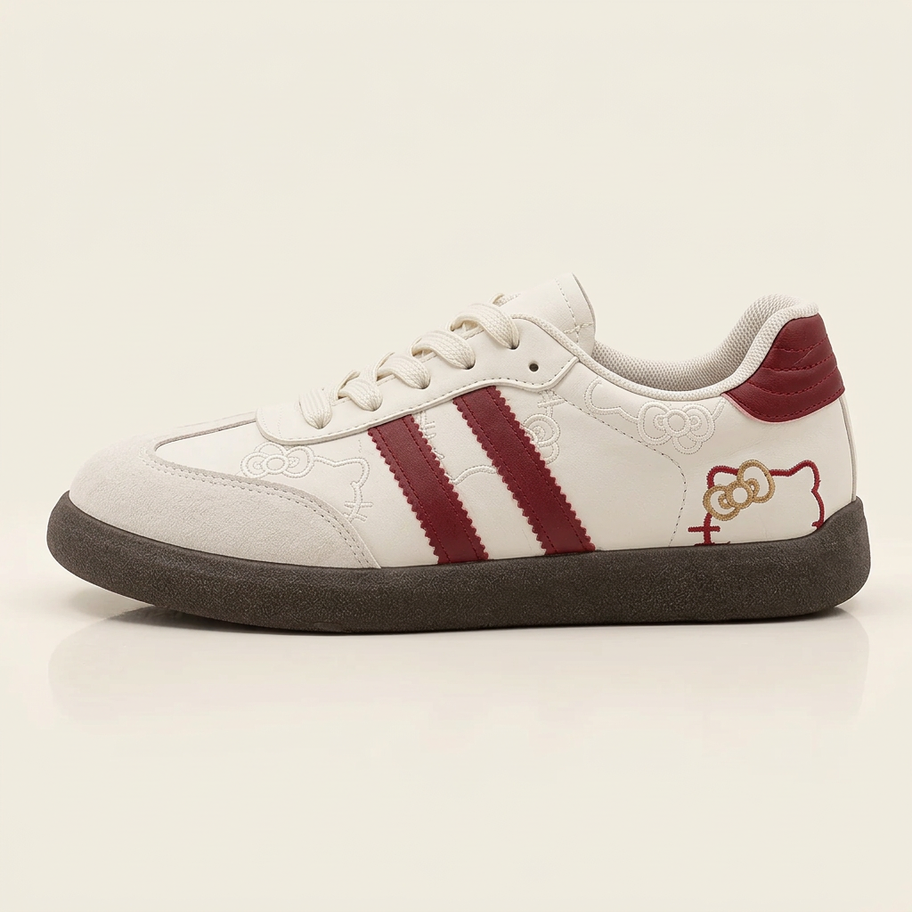 Cream and burgundy sneaker, softly luminous side view