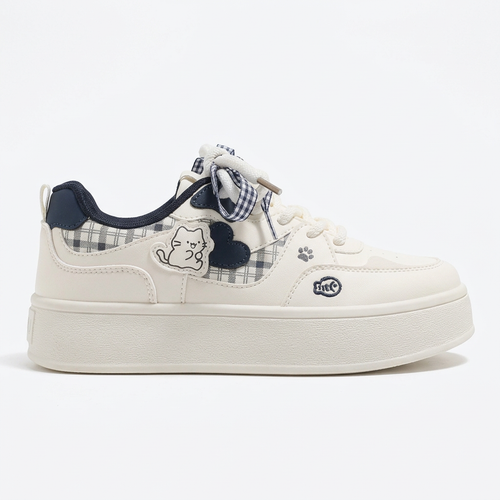 Dark plaid cat patch platform sneaker side view
