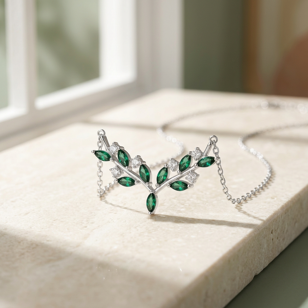 Green olive branch necklace on stone