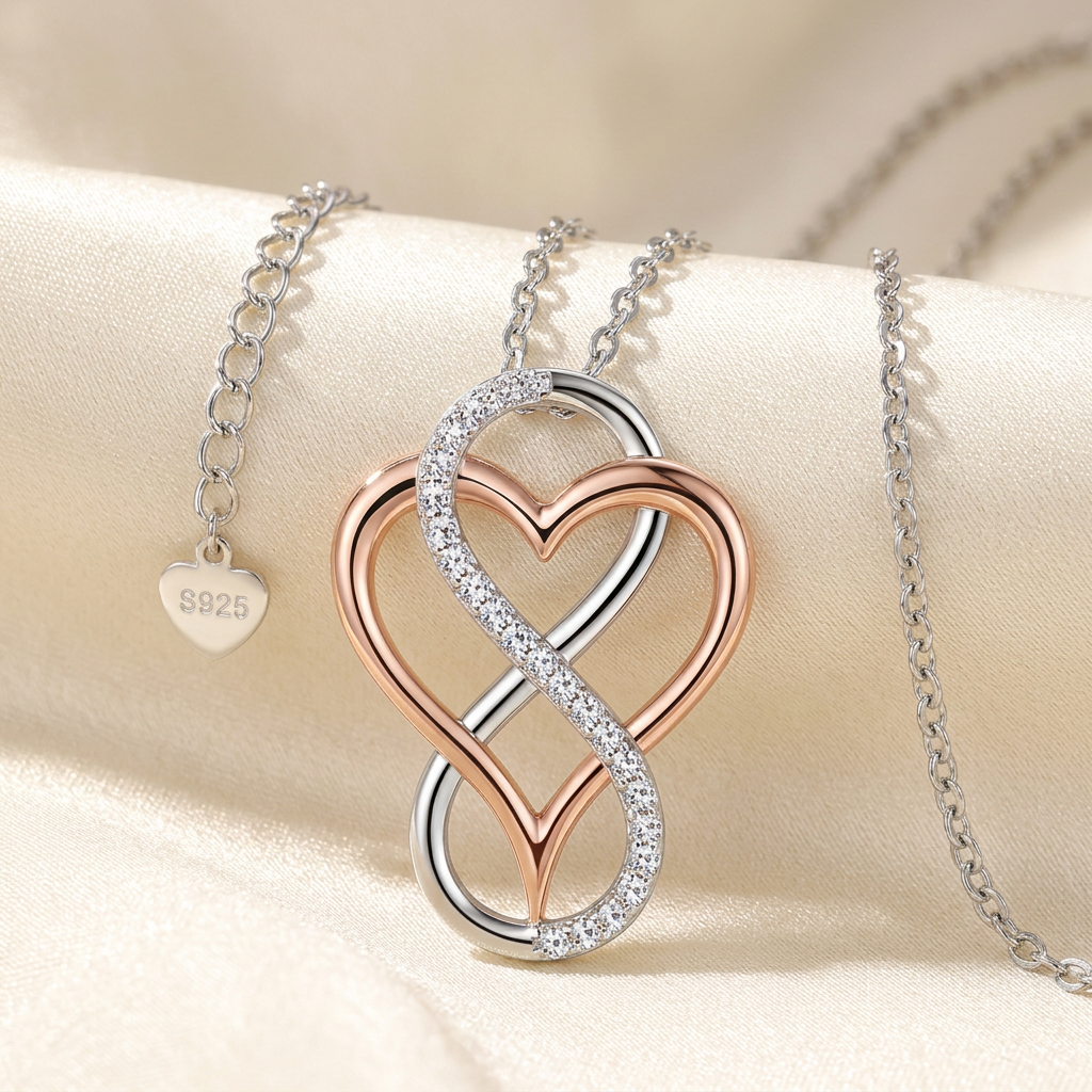 Heart infinity necklace on ivory satin