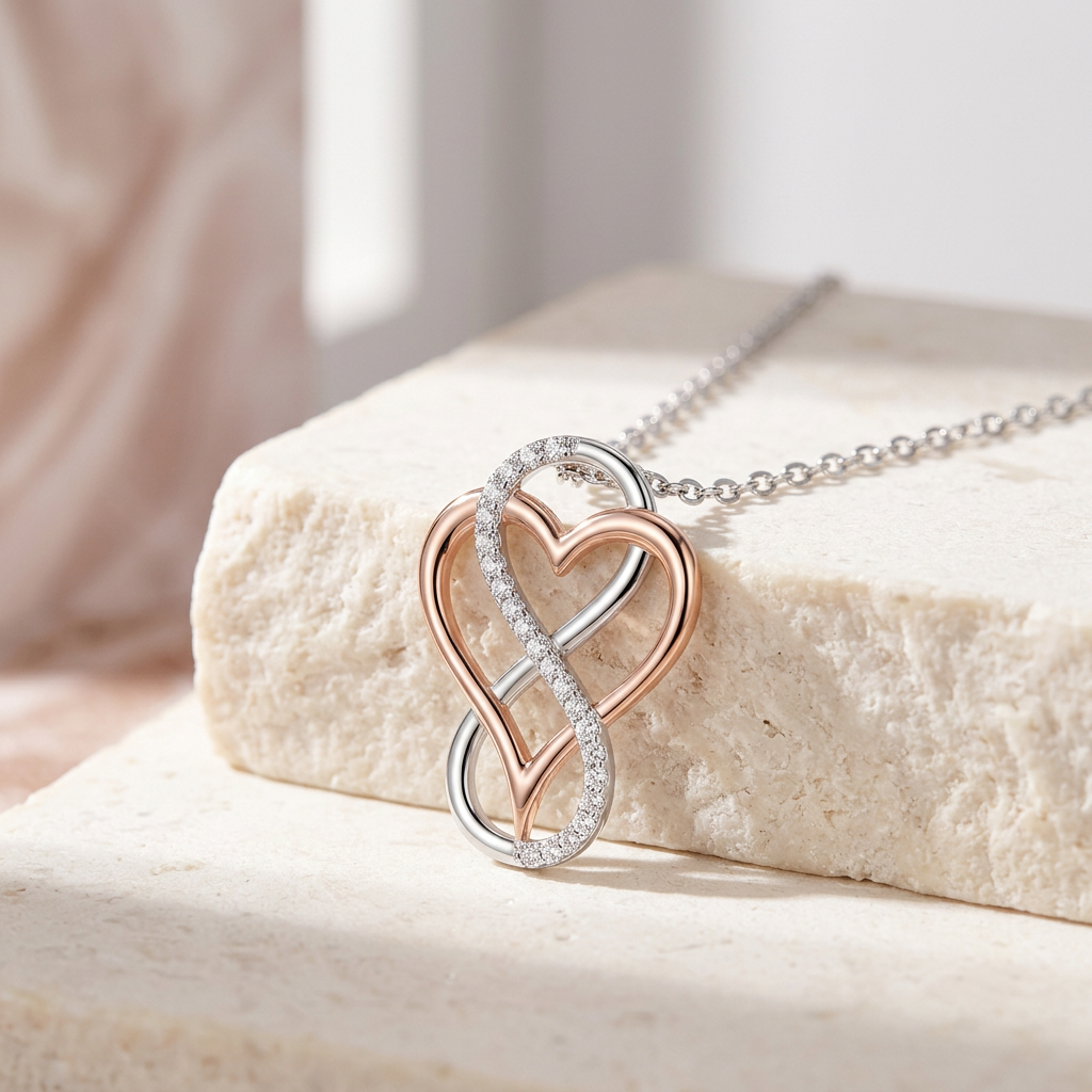 Heart infinity necklace on sunlit stone