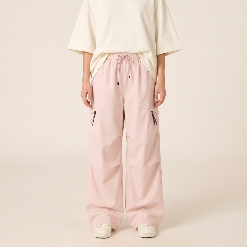 Pink parachute cargo pants front fit
