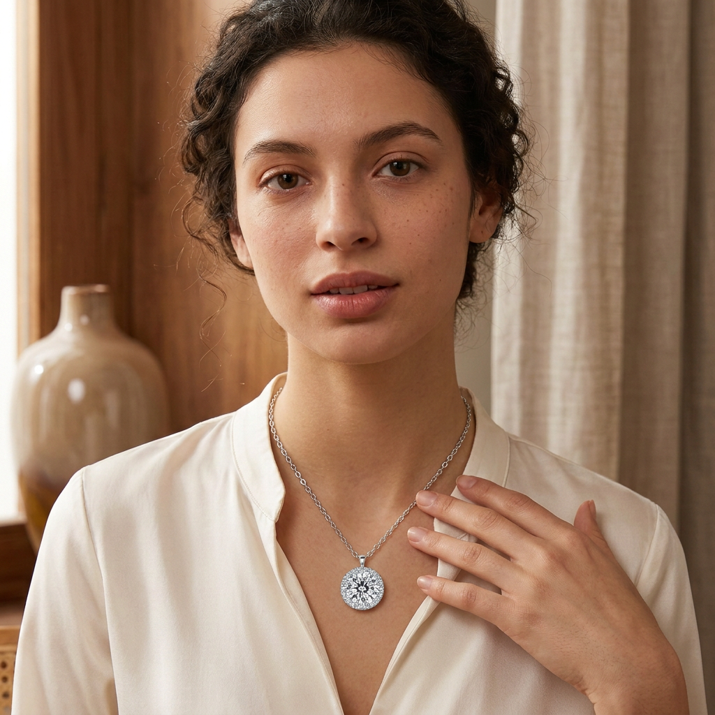 Model wearing 1.0 ct moissanite halo necklace, front pose