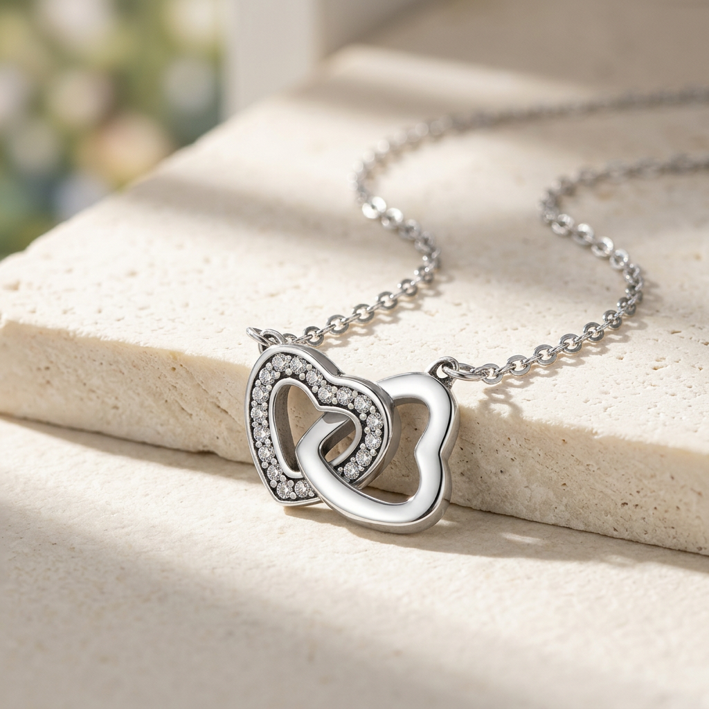Silver linked heart necklace on stone