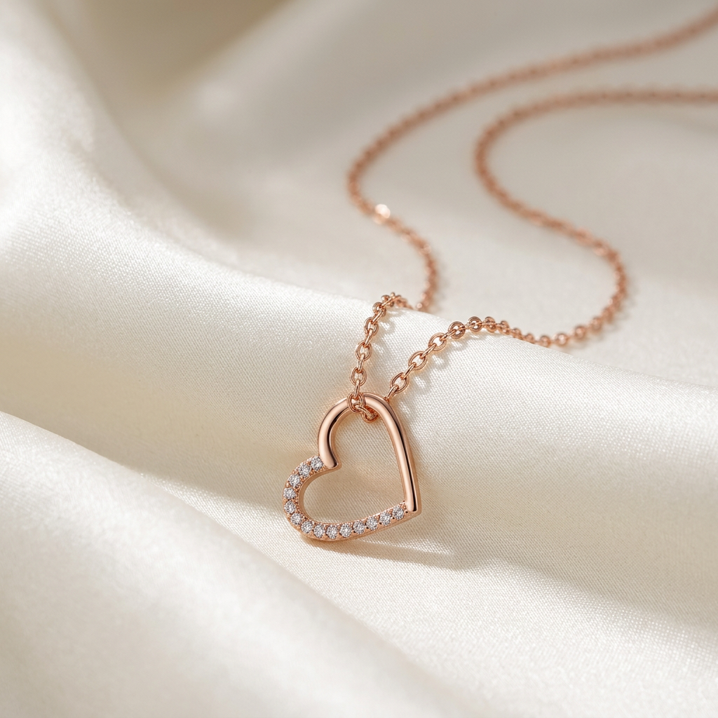 Rose gold open heart necklace on ivory satin