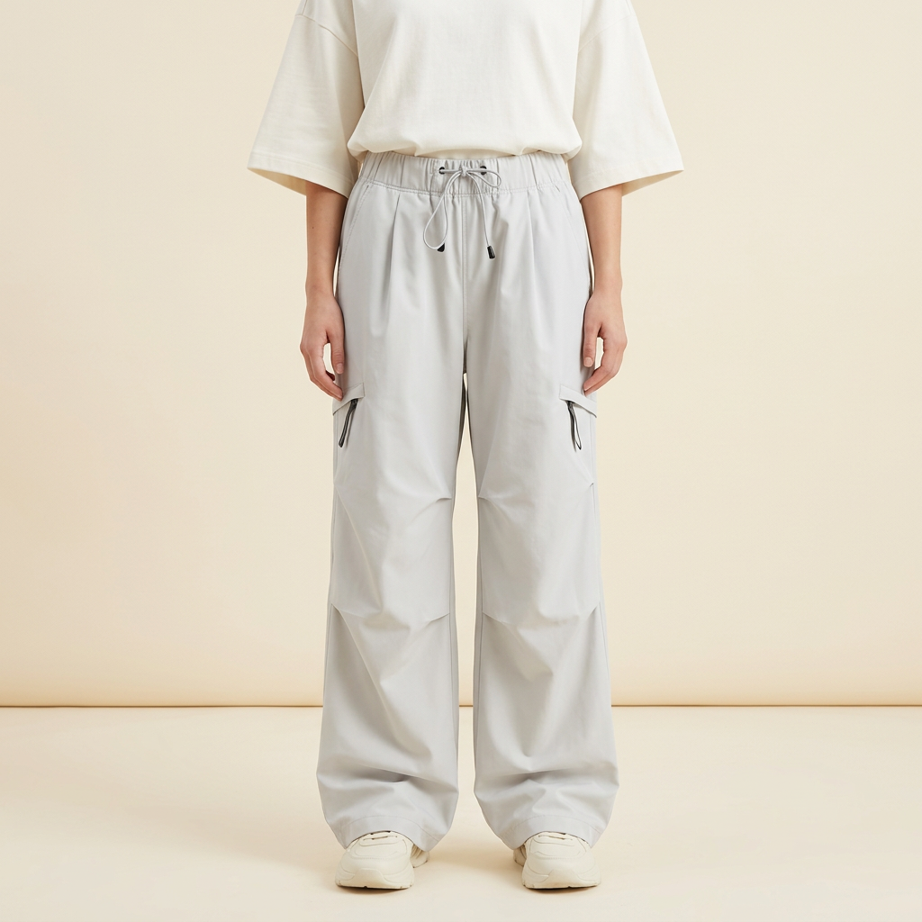 Light Grey parachute cargo pants front fit
