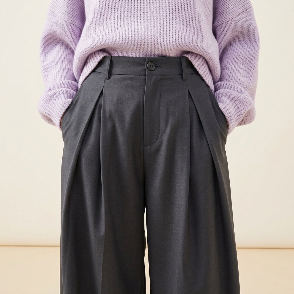Gray pleated trousers waistband button belt loops and pleat detail