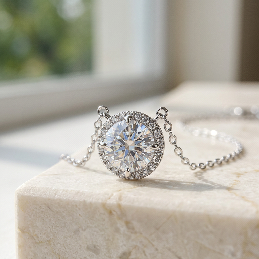 1.0 ct moissanite halo necklace on ivory stone