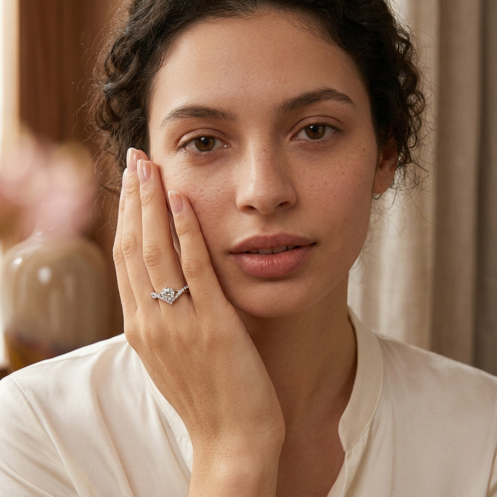 Model wearing silver moissanite crown ring, front close-up