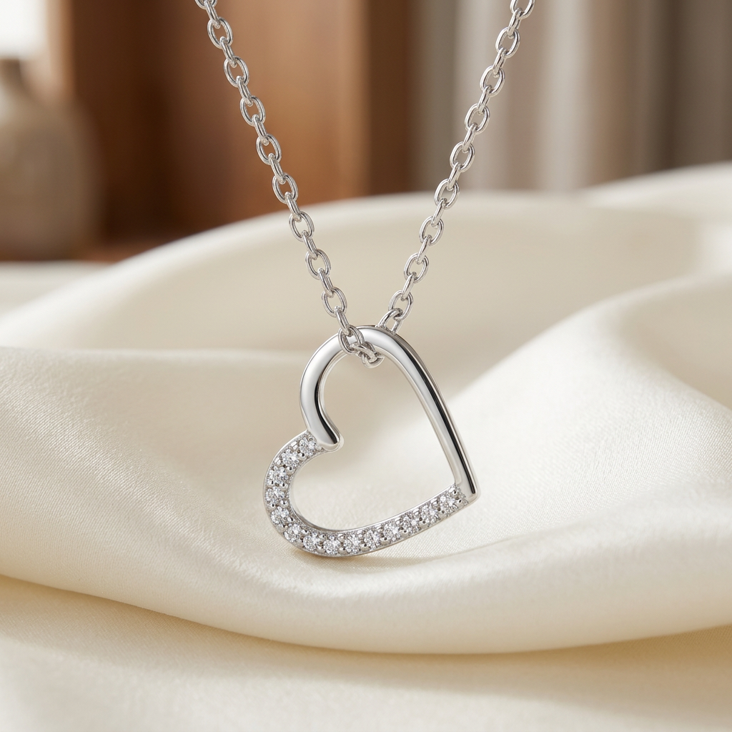 Silver open heart necklace on ivory satin