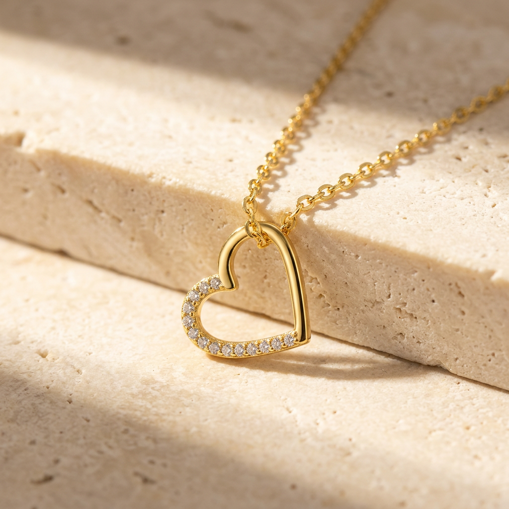 Gold open heart necklace on ivory stone