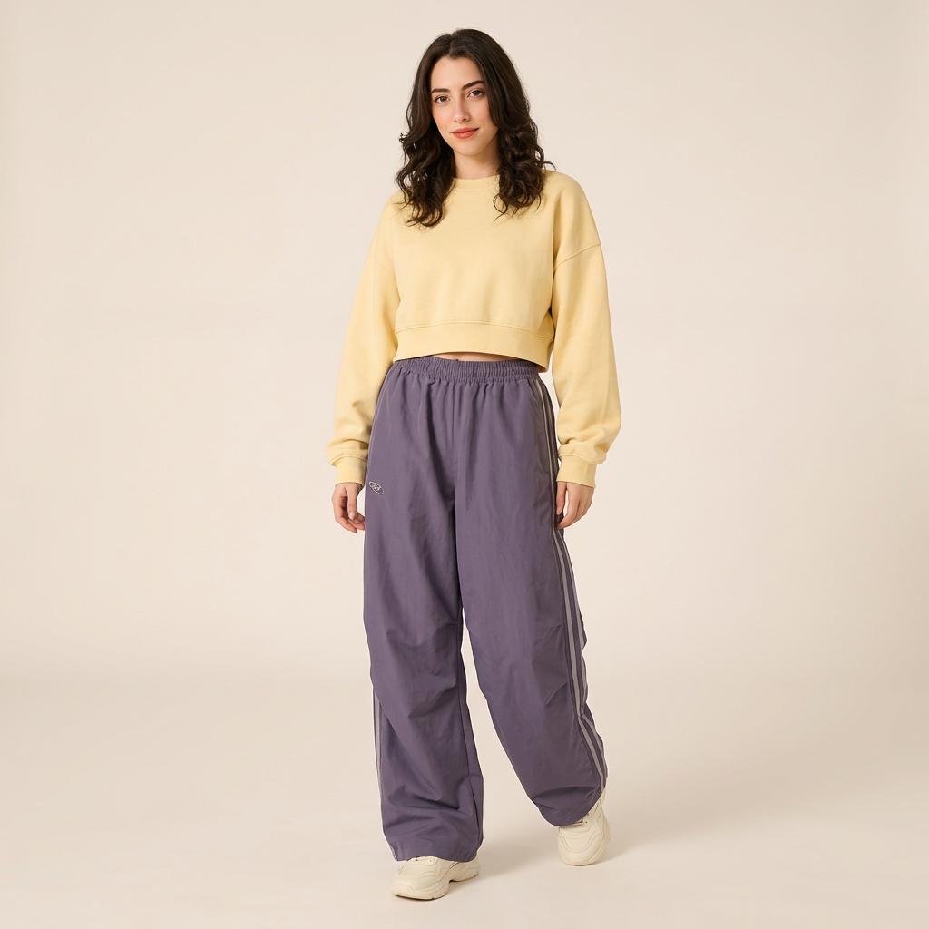 Muted purple Off-Duty Stripe Pants, front waist-to-shoes