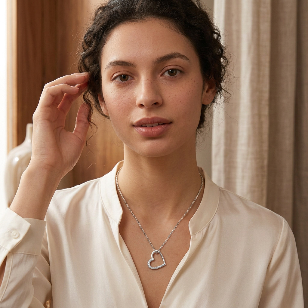 Model wearing silver open heart necklace, angled close-up