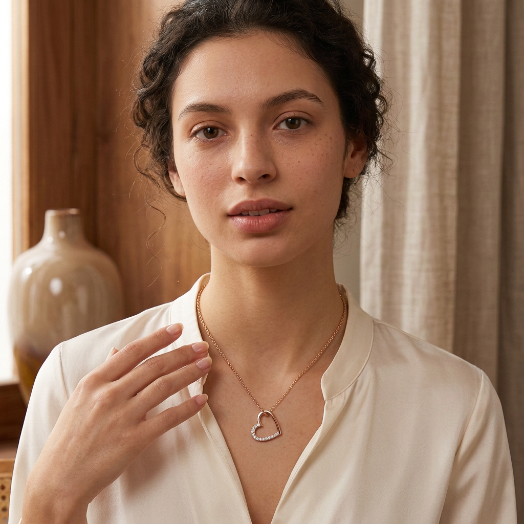 Model wearing rose gold open heart necklace, front close-up