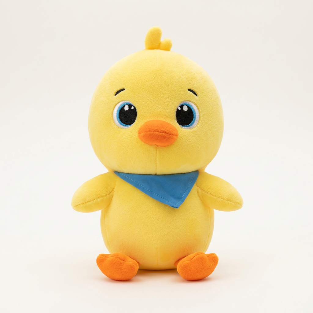 Yellow duck kawaii plushie on white studio background