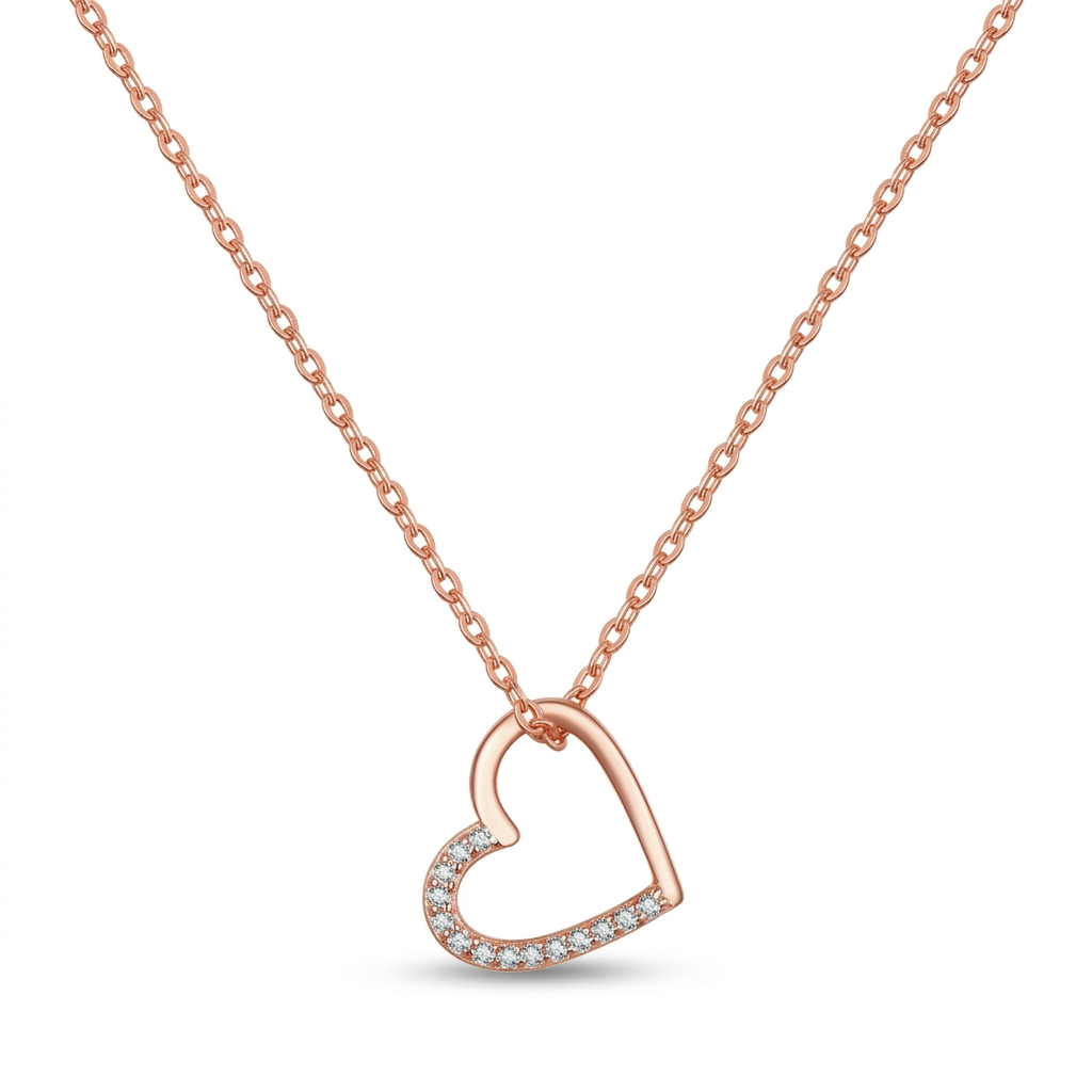 Rose gold open heart necklace, clean display