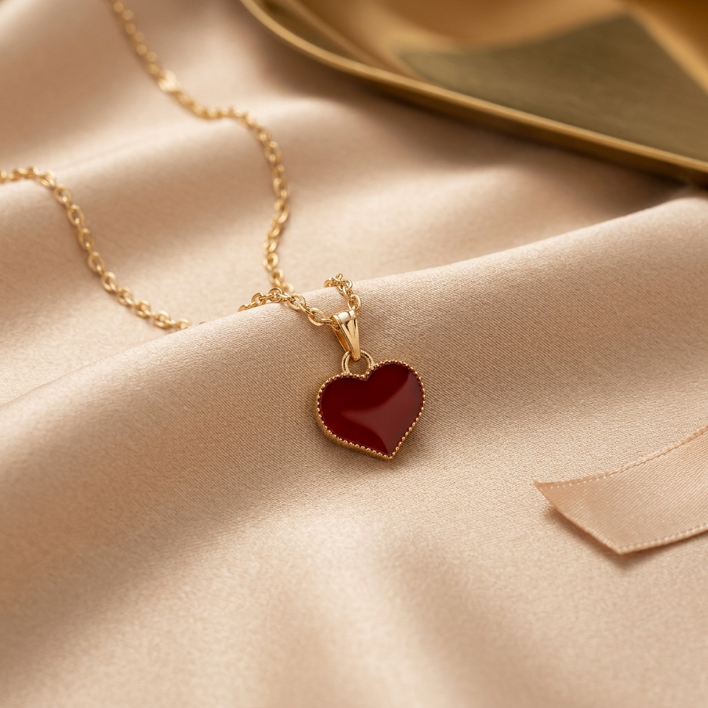 Red enamel heart pendant necklace on champagne silk
