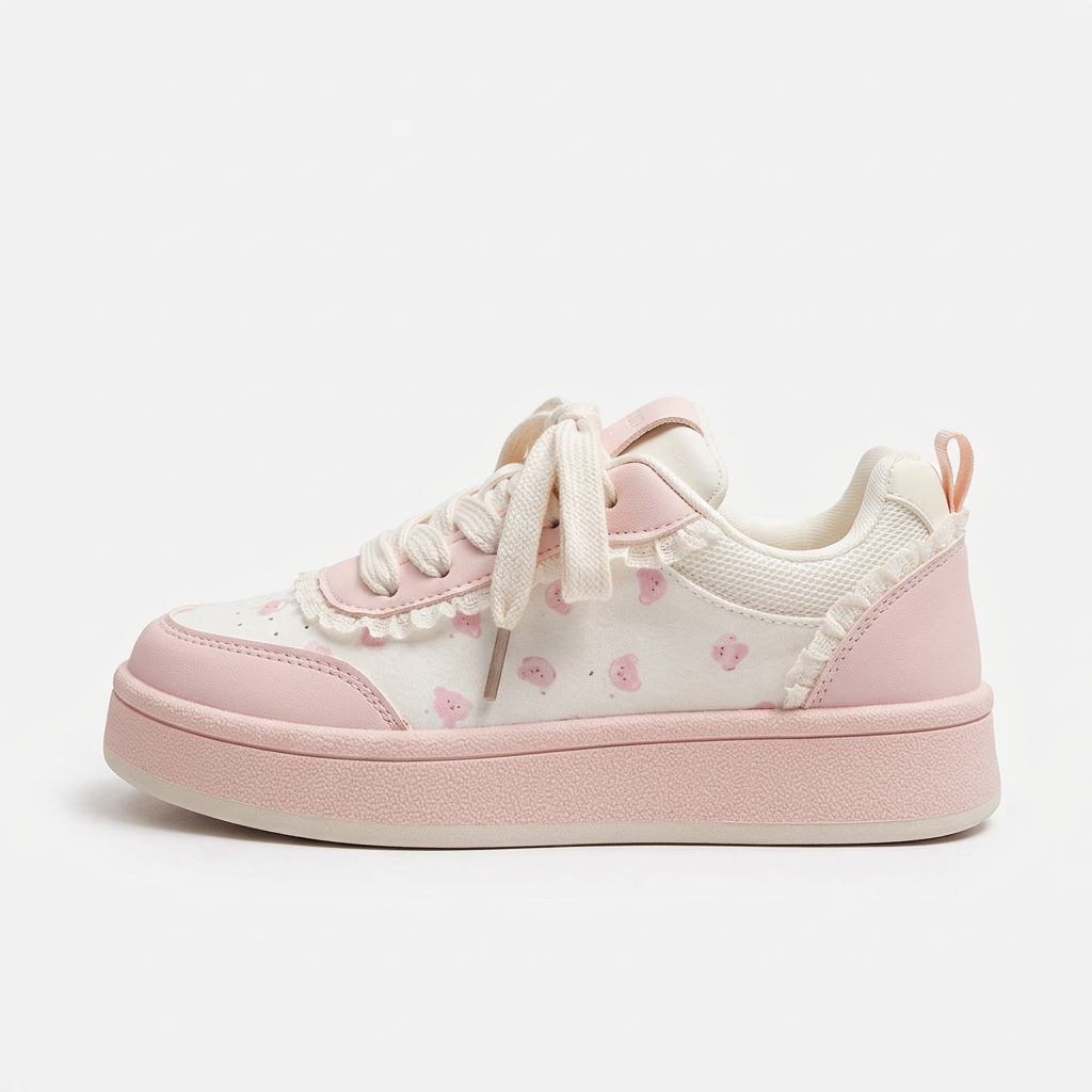 Blush pink kawaii platform sneakers side view on white background