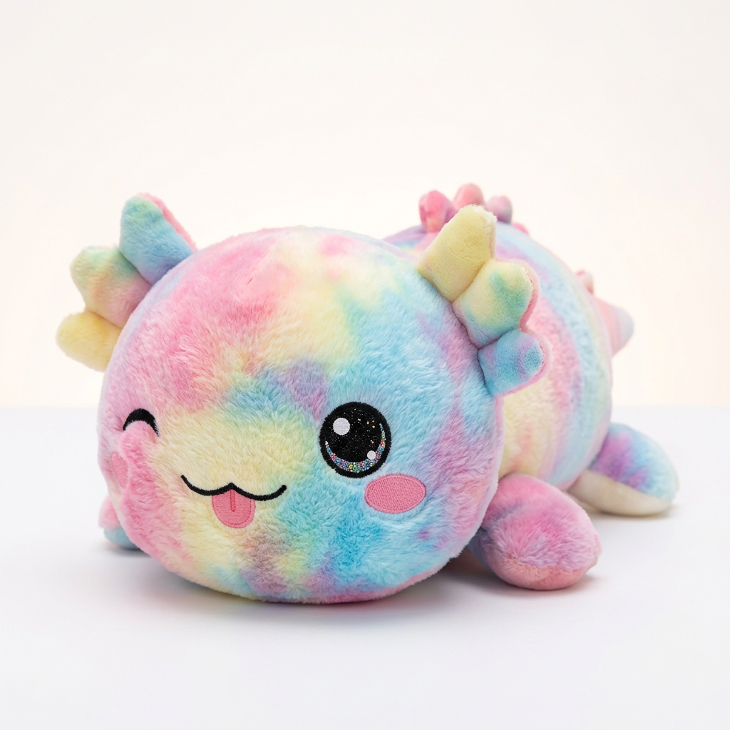 Rainbow tie-dye kawaii axolotl plushie on white background