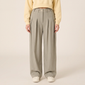 Khaki striped wide-leg trousers, front waist-to-shoes fit