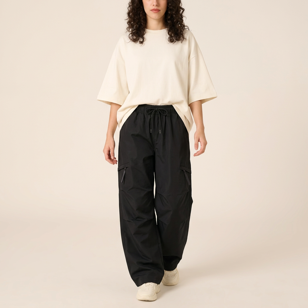 Black parachute cargo pants angled fit