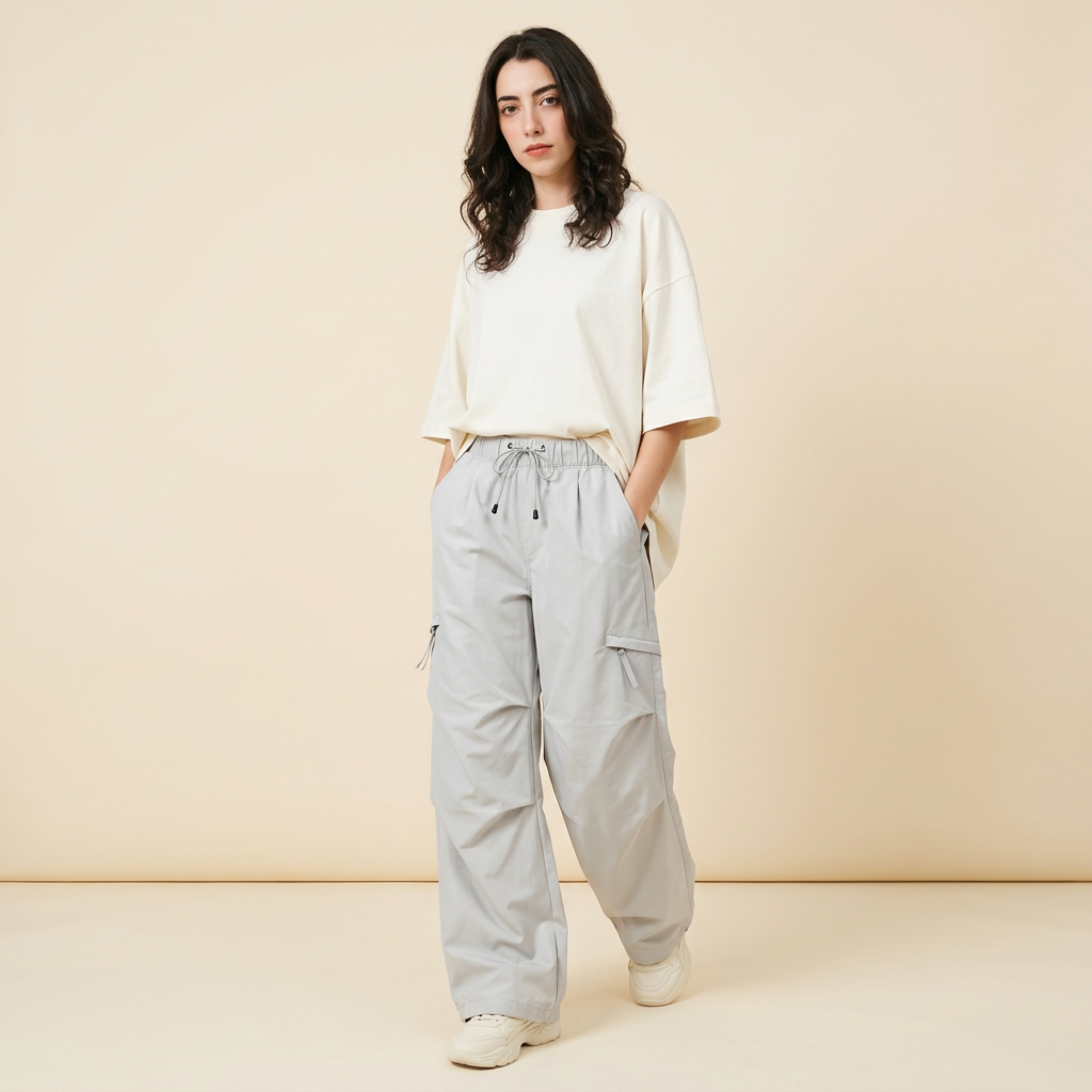 Light Grey parachute cargo pants angled fit