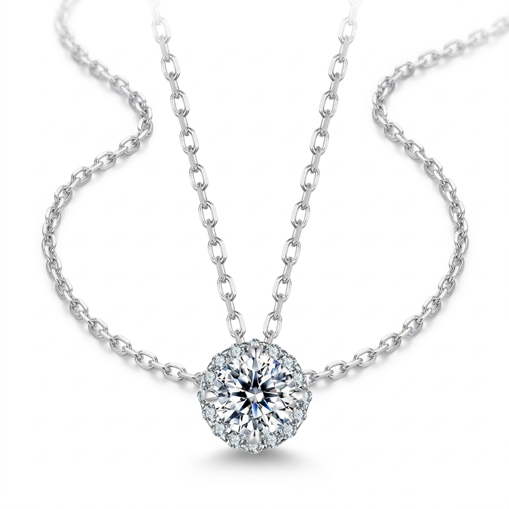 0.5 ct moissanite halo necklace, clean product display