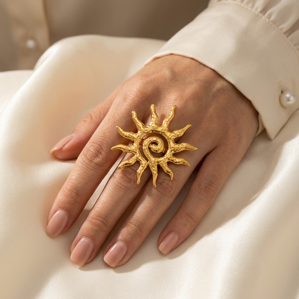 Gold-tone spiral sun statement ring worn on a hand with a cream blouse cuff