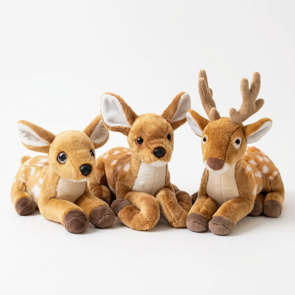 All 3 deer plushies together on clean white studio background
