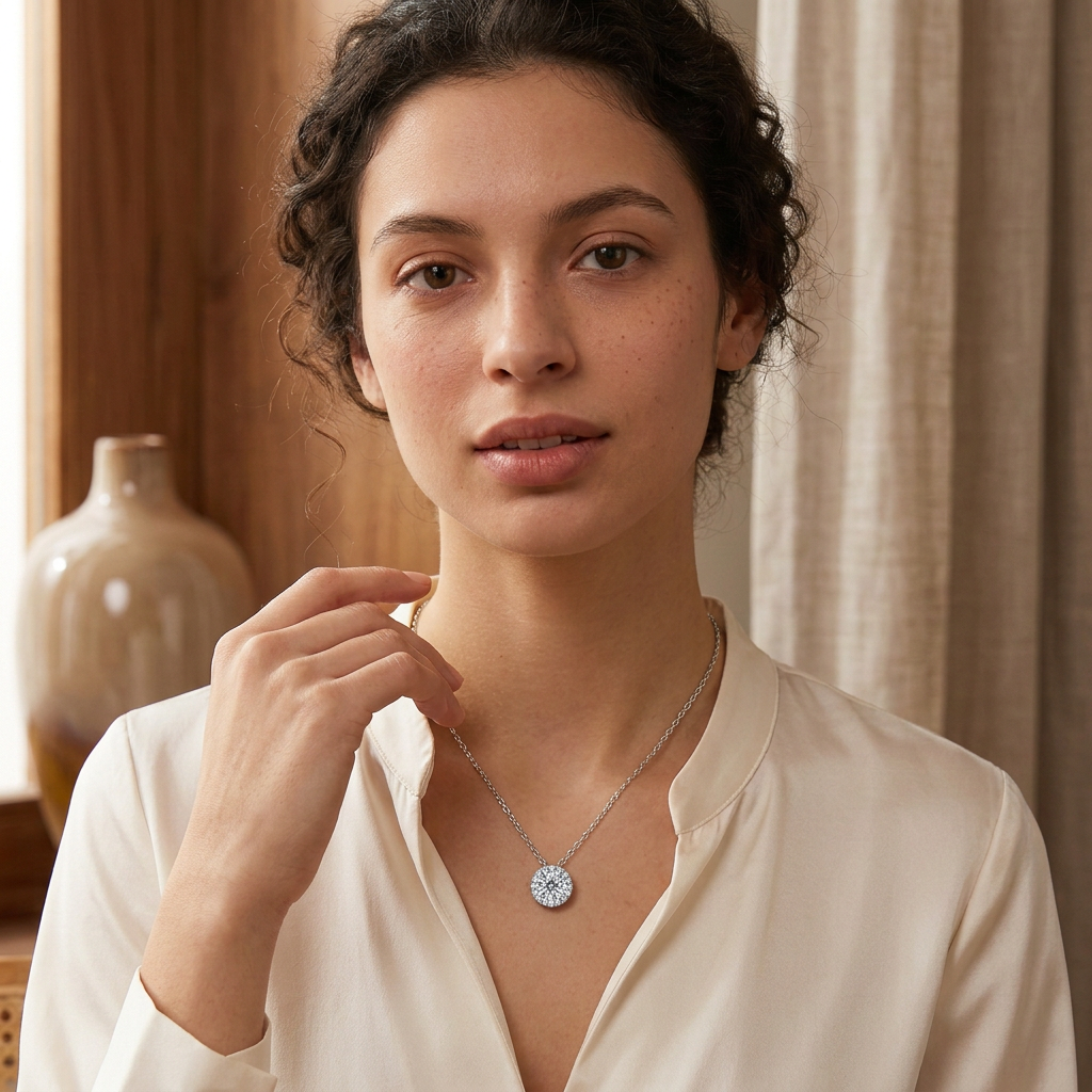 Model wearing 0.5 ct moissanite halo necklace, front pose