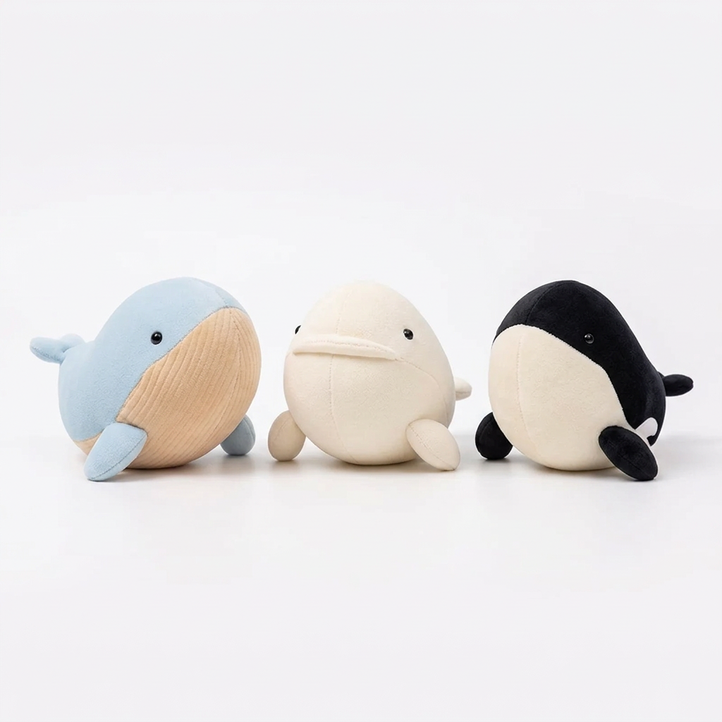 All 3 kawaii whale plushies — blue, white and black orca — on clean white studio background