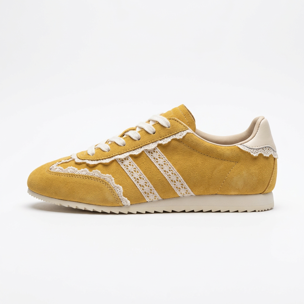 Yellow mustard lace trim retro sneaker - studio shot