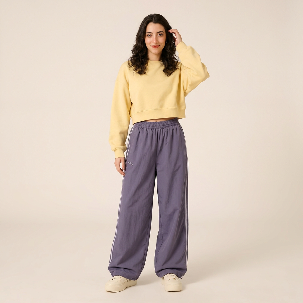 Muted purple Off-Duty Stripe Pants, full outfit