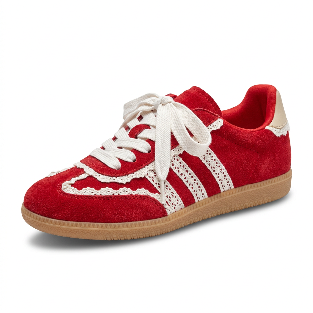 Red lace trim retro sneaker - studio shot