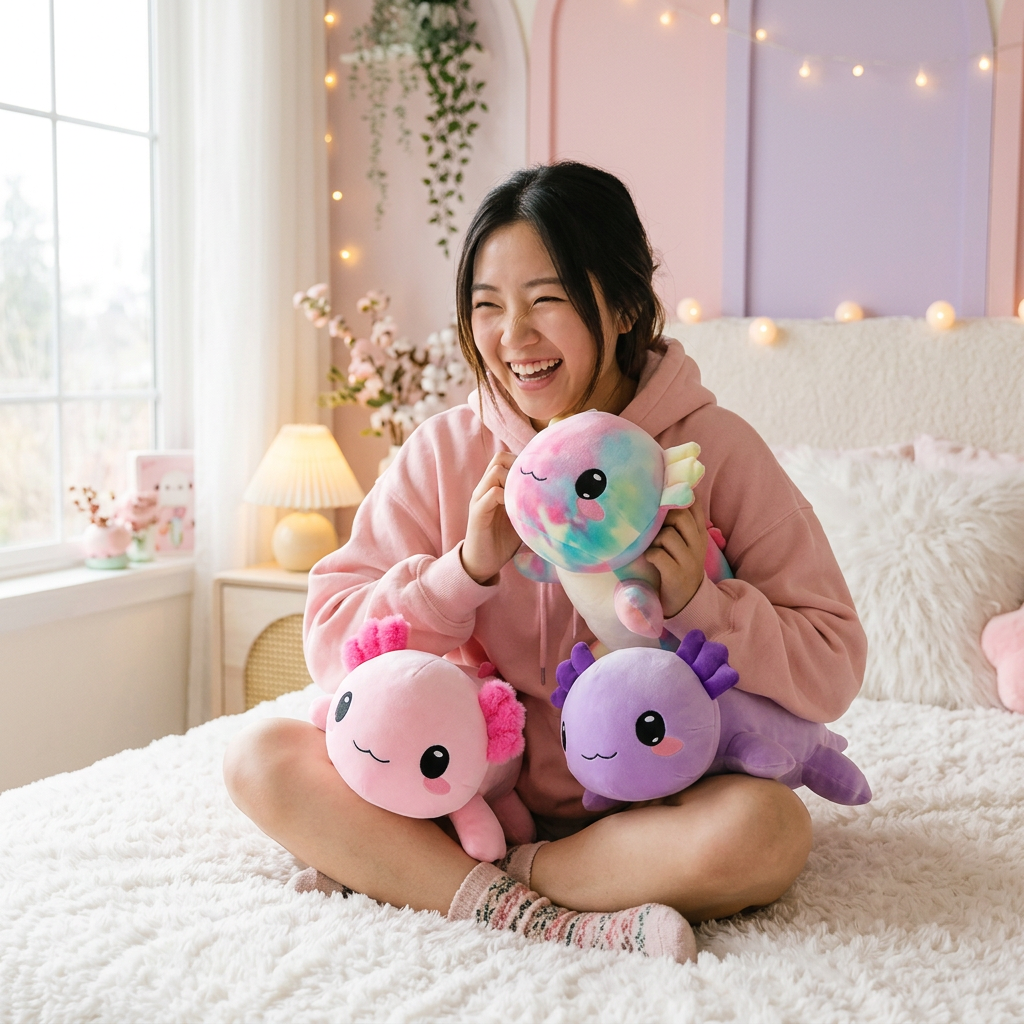 Girl holding all three kawaii axolotl plushies in pastel bedroom