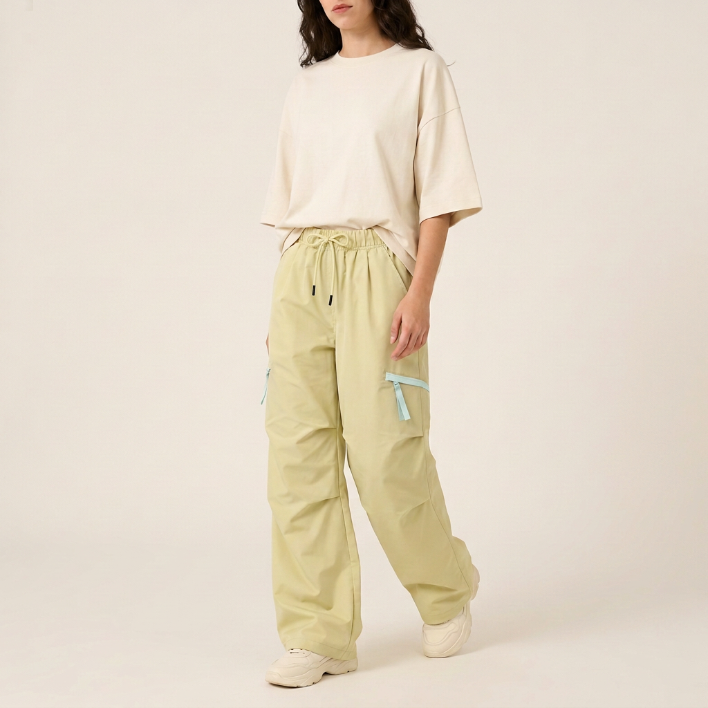 Light Yellow parachute cargo pants angled fit