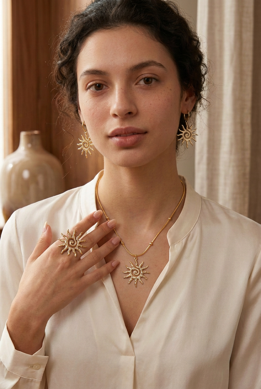 Woman styling gold-tone spiral sun earrings, necklace and ring together, pieces sold separately