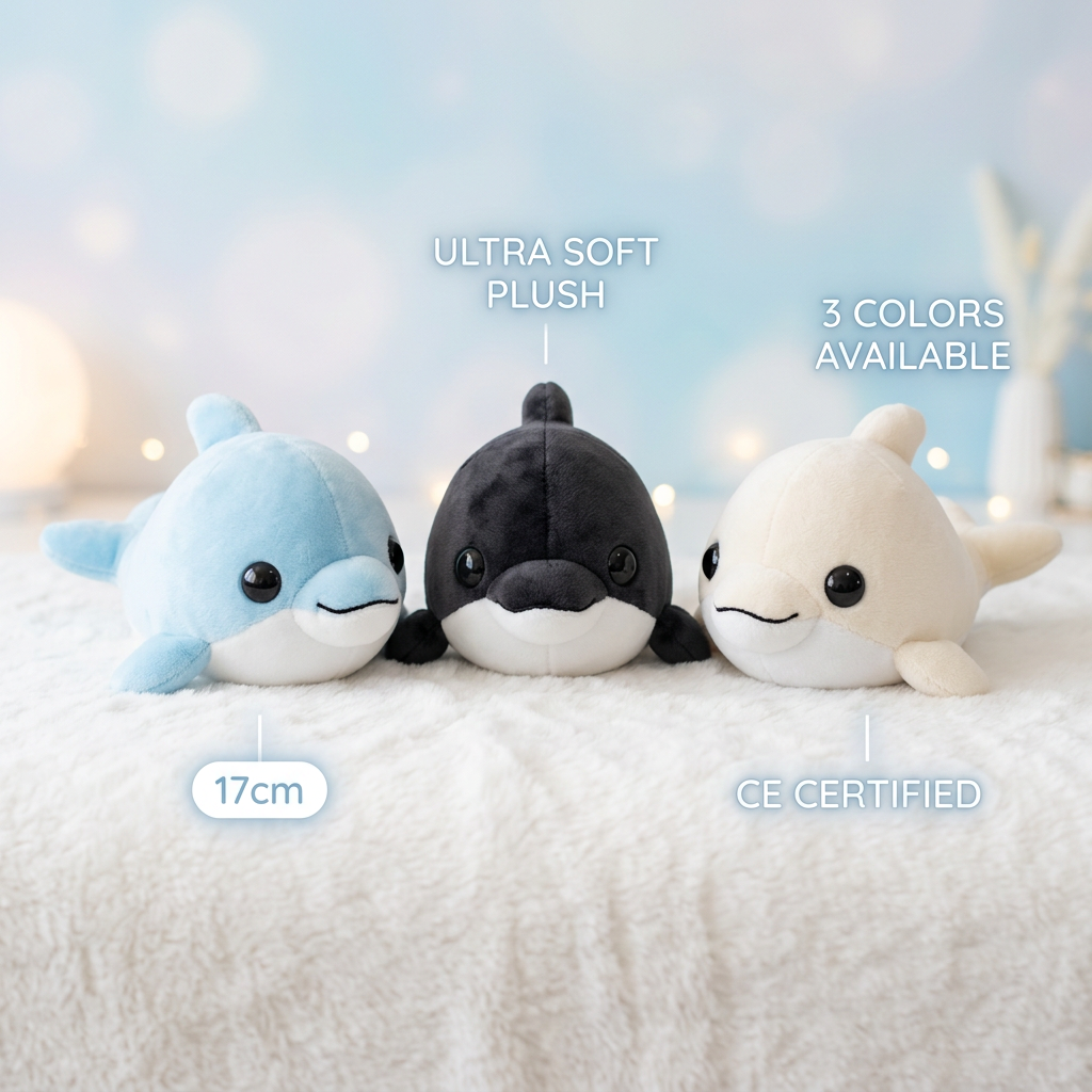 All 3 kawaii dolphin plushies — blue, black and white — on clean studio background