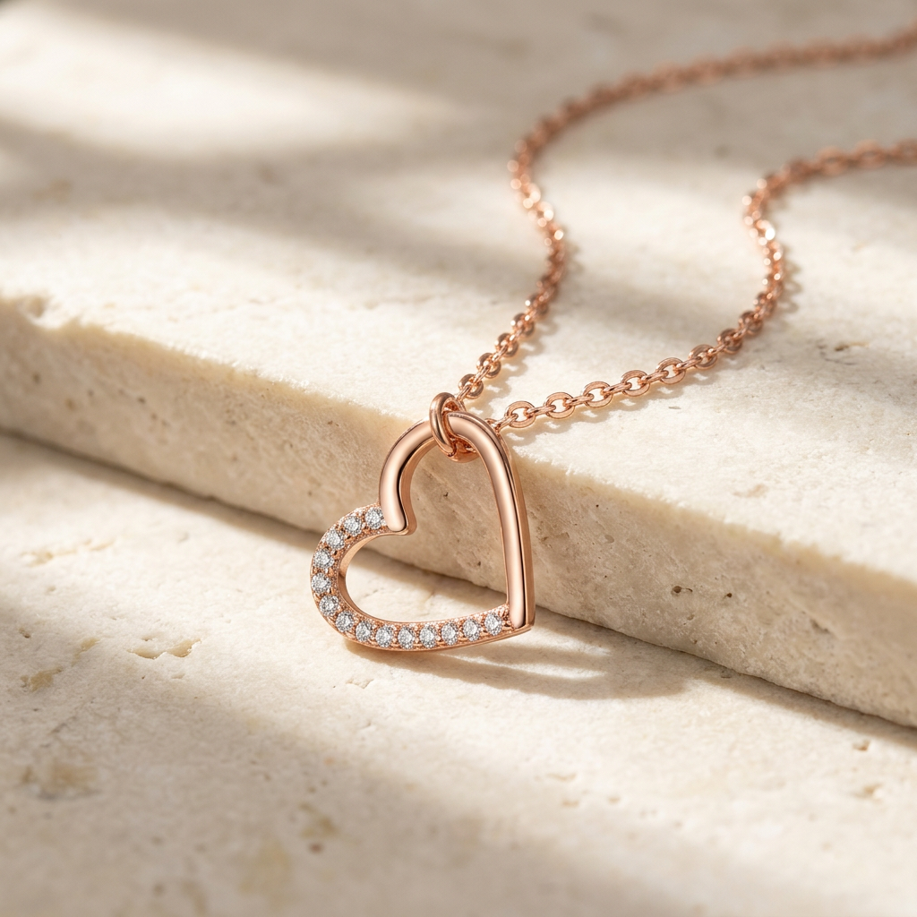 Rose gold open heart necklace on ivory stone