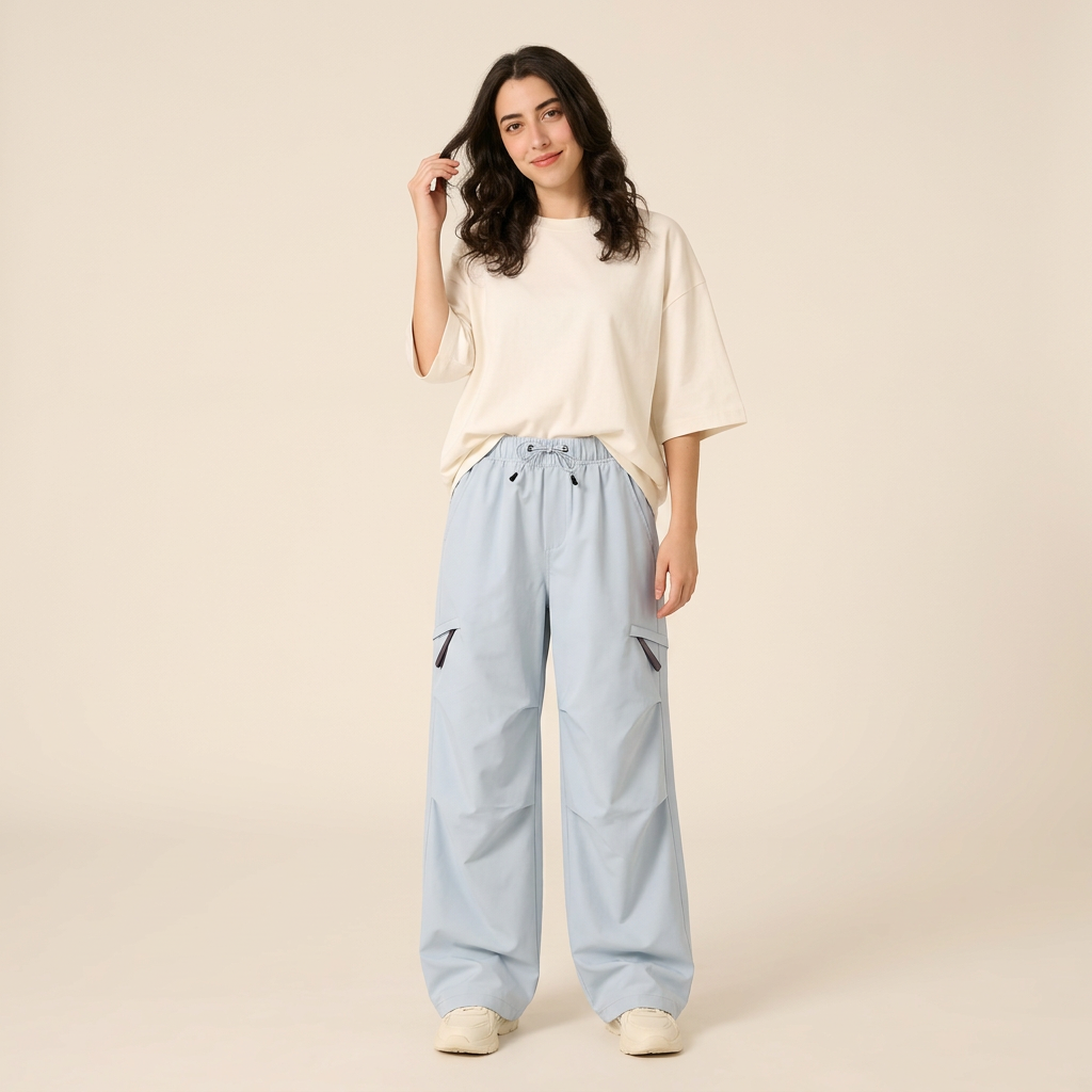 Moonlight Blue parachute cargo pants with oversized ivory tee