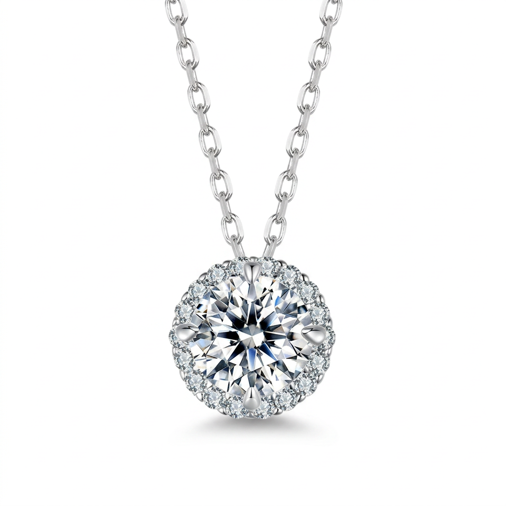 1.0 ct moissanite halo necklace, clean product display
