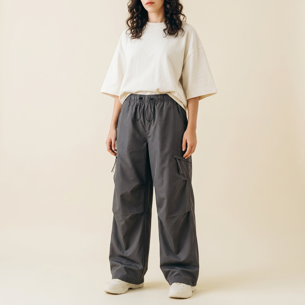 Dark Grey parachute cargo pants angled fit