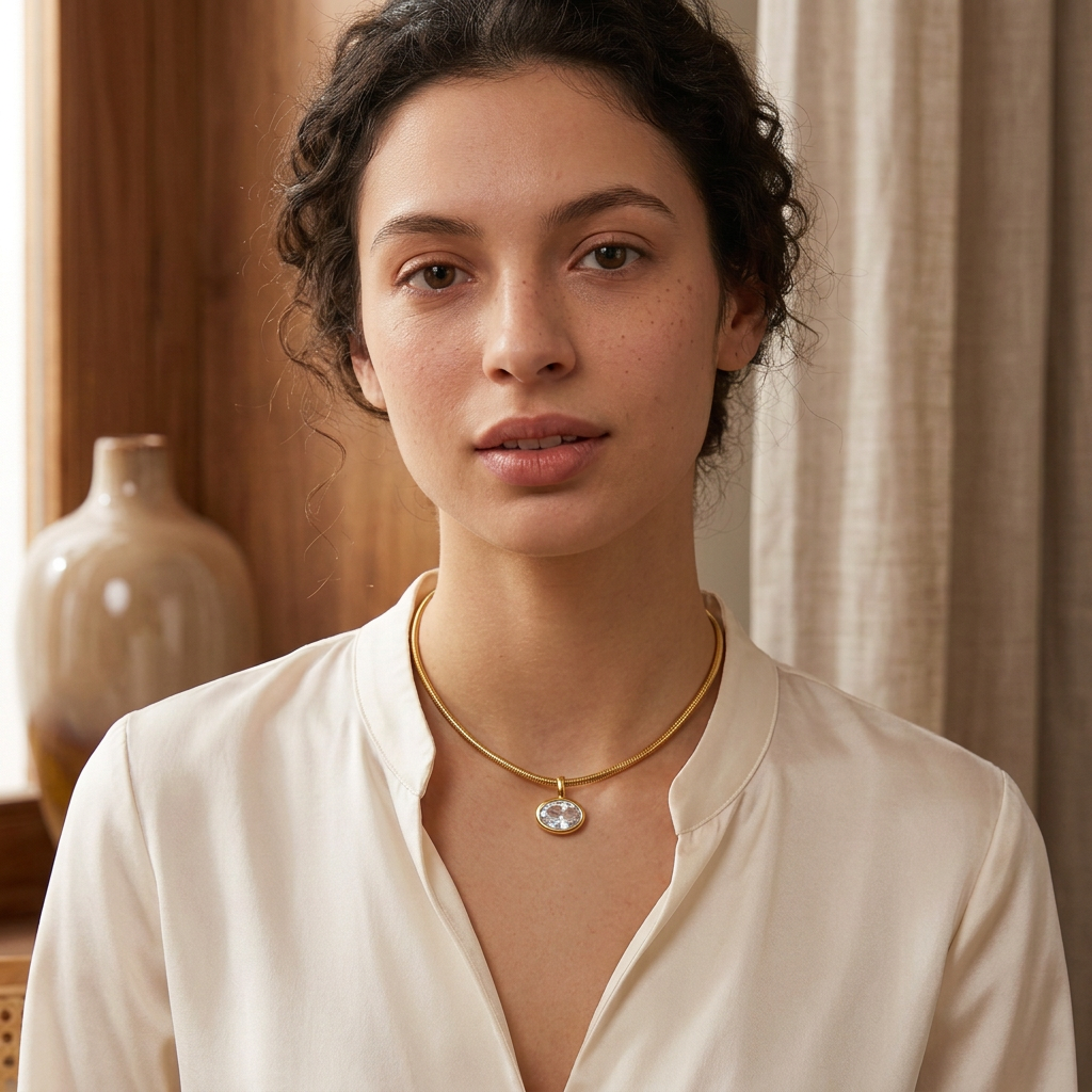 Woman wearing an oval pendant snake chain choker