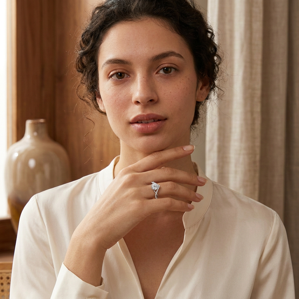 Model wearing silver moissanite crown ring, angled close-up